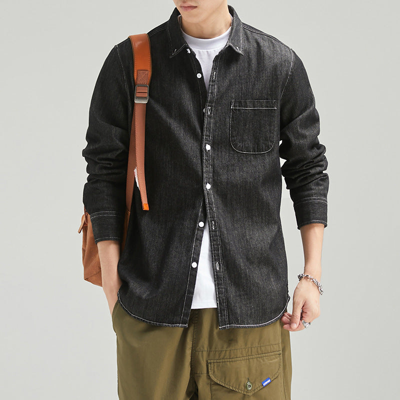 Men's Long Sleeve Solid Color Casual Thin Lapels Denim Shirt Men's Long Sleeve Solid Color Casual Thin Lapels Denim Shirt